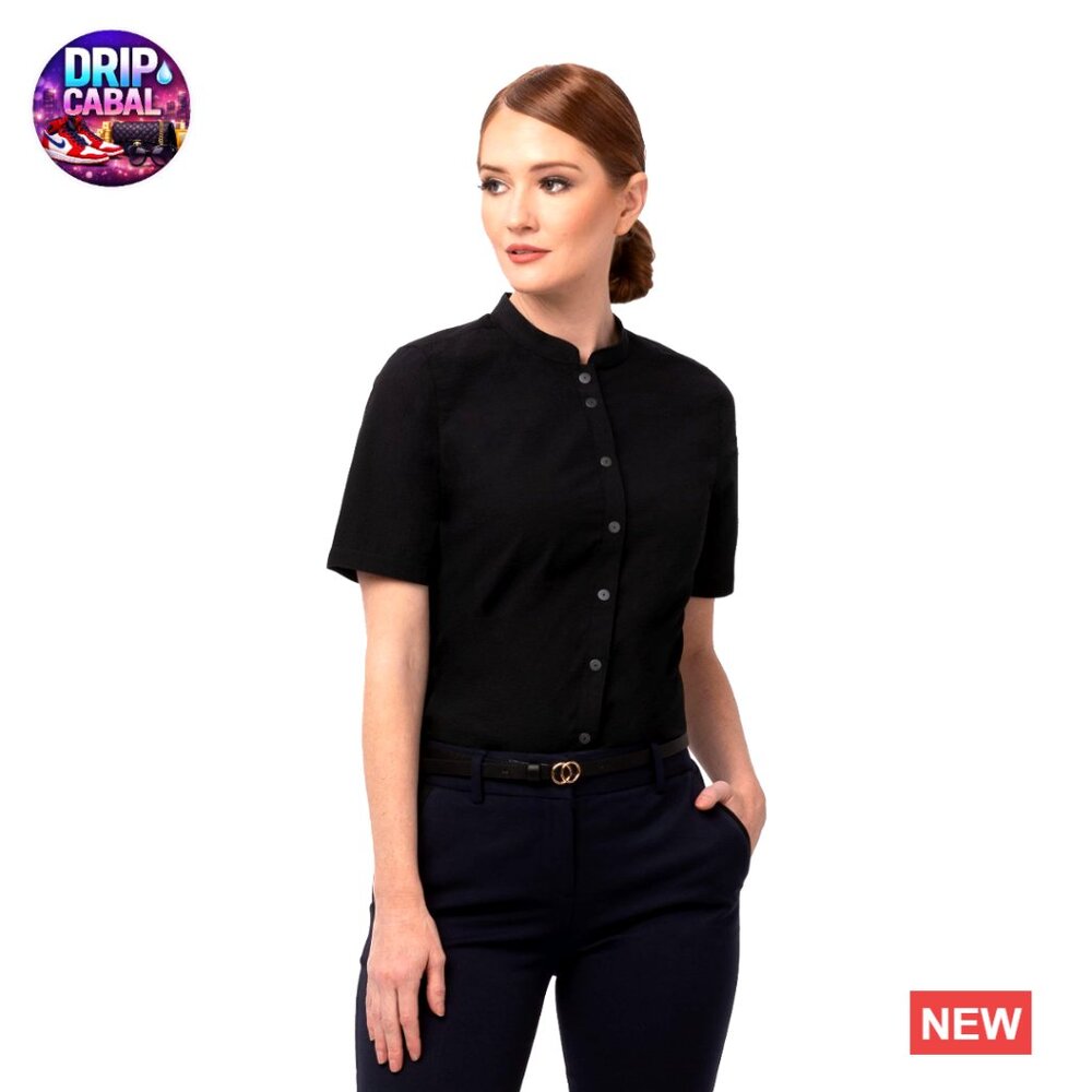 Seersucker Work Shirt Short Sleeve Mandarin Collar Elegant Professional Uniform
